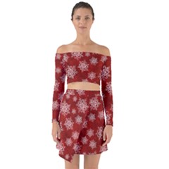 Snowflakes And Star Patternsred Snow Off Shoulder Top With Skirt Set by artworkshop