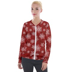 Snowflakes And Star Patternsred Snow Velvet Zip Up Jacket by artworkshop