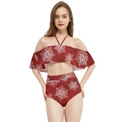 Snowflakes And Star Patternsred Snow Halter Flowy Bikini Set  by artworkshop