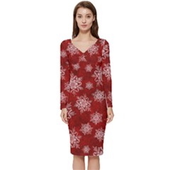 Snowflakes And Star Patternsred Snow Long Sleeve V-neck Bodycon Dress 