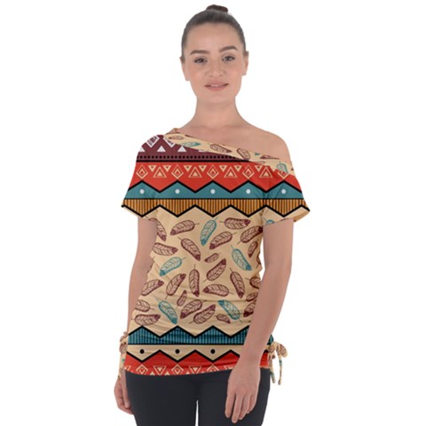 Ethnic Tribal Pattern Background Off Shoulder Tie-up Tee by Vaneshart