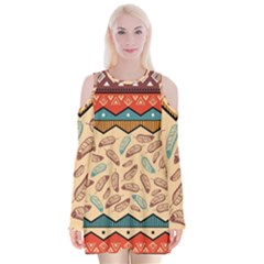 Ethnic Tribal Pattern Background Velvet Long Sleeve Shoulder Cutout Dress