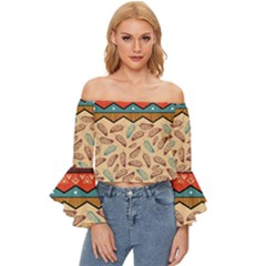 Ethnic Tribal Pattern Background Off Shoulder Flutter Bell Sleeve Top