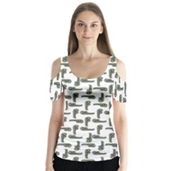 Cute Worm Sketchy Drawing Motif Pattern Butterfly Sleeve Cutout Tee 