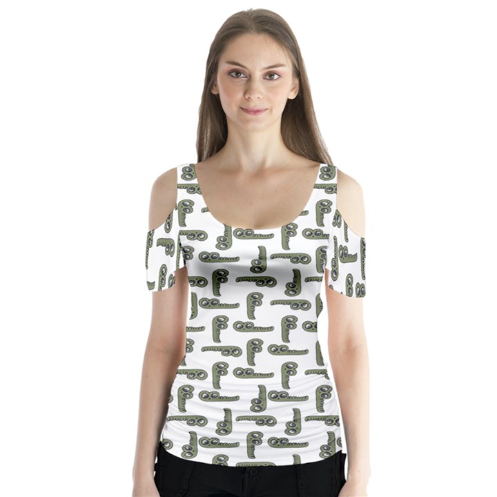 Cute Worm Sketchy Drawing Motif Pattern Butterfly Sleeve Cutout Tee 