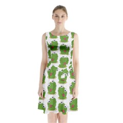 Kermit The Frog Pattern Sleeveless Waist Tie Chiffon Dress