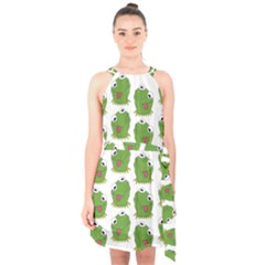 Kermit The Frog Pattern Halter Collar Waist Tie Chiffon Dress