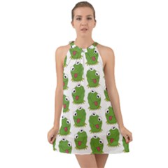 Kermit The Frog Pattern Halter Tie Back Chiffon Dress