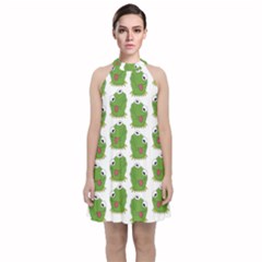 Kermit The Frog Pattern Velvet Halter Neckline Dress 