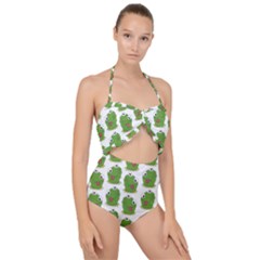 Kermit The Frog Pattern Scallop Top Cut Out Swimsuit