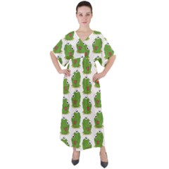 Kermit The Frog Pattern V-neck Boho Style Maxi Dress