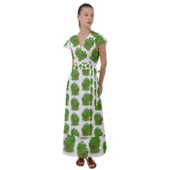 Kermit The Frog Pattern Flutter Sleeve Maxi Dress