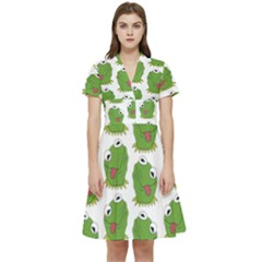 Kermit The Frog Pattern Short Sleeve Waist Detail Dress