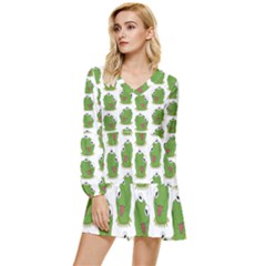 Kermit The Frog Pattern Tiered Long Sleeve Mini Dress by Valentinaart