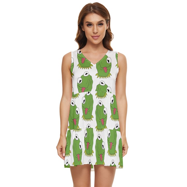 Kermit The Frog pattern Tiered Sleeveless Mini Dress