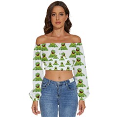 Kermit The Frog Long Sleeve Crinkled Weave Crop Top