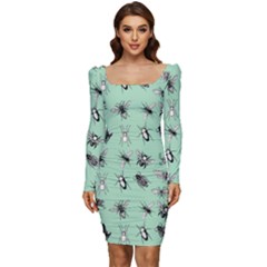 Insects Pattern Women Long Sleeve Ruched Stretch Jersey Dress by Valentinaart