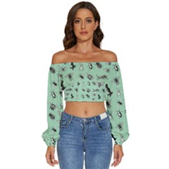 Insects Pattern Long Sleeve Crinkled Weave Crop Top