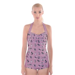 Insects pattern Boyleg Halter Swimsuit 