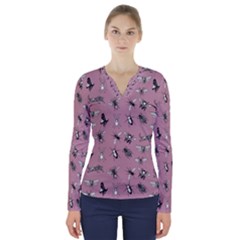 Insects pattern V-Neck Long Sleeve Top