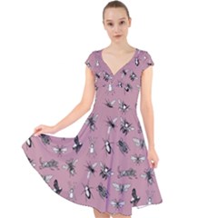 Insects pattern Cap Sleeve Front Wrap Midi Dress