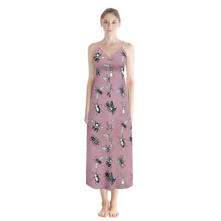 Insects pattern Button Up Chiffon Maxi Dress