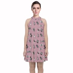 Insects Pattern Velvet Halter Neckline Dress 