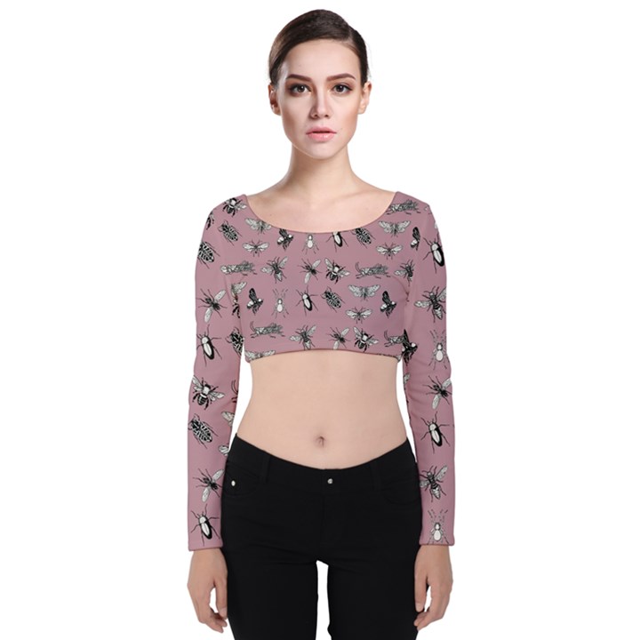 Insects pattern Velvet Long Sleeve Crop Top