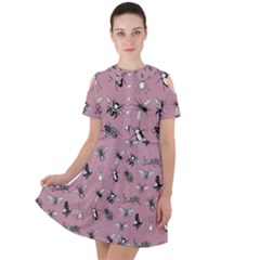 Insects pattern Short Sleeve Shoulder Cut Out Dress 