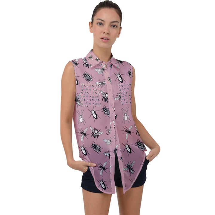 Insects pattern Sleeveless Chiffon Button Shirt