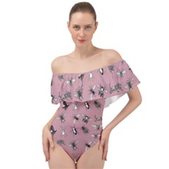 Insects pattern Off Shoulder Velour Bodysuit 