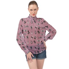 Insects pattern High Neck Long Sleeve Chiffon Top