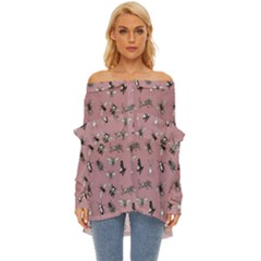 Insects pattern Off Shoulder Chiffon Pocket Shirt