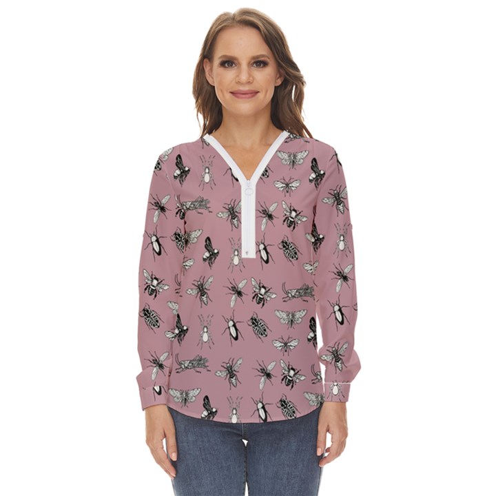 Insects pattern Zip Up Long Sleeve Blouse