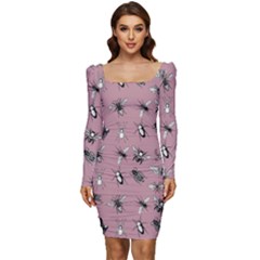 Insects pattern Women Long Sleeve Ruched Stretch Jersey Dress