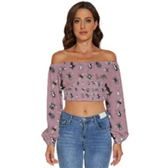 Insects Pattern Long Sleeve Crinkled Weave Crop Top