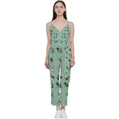 Insects Pattern V-neck Spaghetti Strap Tie Front Jumpsuit by Valentinaart