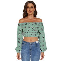 Insects Pattern Long Sleeve Crinkled Weave Crop Top