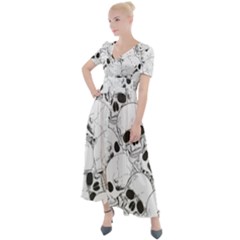 Skull Pattern Button Up Short Sleeve Maxi Dress by Valentinaart