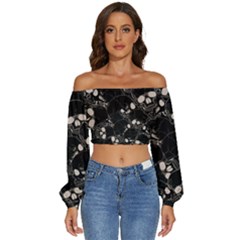 Skull Pattern Long Sleeve Crinkled Weave Crop Top