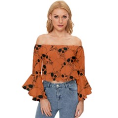 Skull Pattern Off Shoulder Flutter Bell Sleeve Top