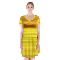 Yellow And Gold Horizontal Stripes - Abstract Art Short Sleeve V-neck Flare Dress by KorokStudios