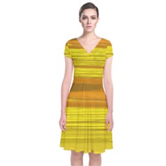 Yellow And Gold Horizontal Stripes - Abstract Art Short Sleeve Front Wrap Dress by KorokStudios