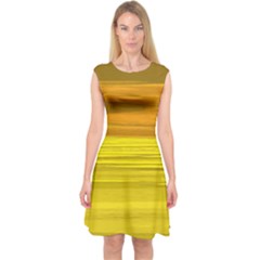 Yellow And Gold Horizontal Stripes - Abstract Art Capsleeve Midi Dress by KorokStudios