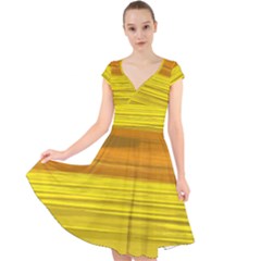 Yellow And Gold Horizontal Stripes - Abstract Art Cap Sleeve Front Wrap Midi Dress by KorokStudios