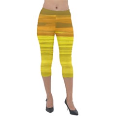 Yellow And Gold Horizontal Stripes - Abstract Art Lightweight Velour Capri Leggings  by KorokStudios