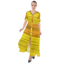 Yellow And Gold Horizontal Stripes - Abstract Art Waist Tie Boho Maxi Dress by KorokStudios