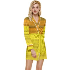 Yellow And Gold Horizontal Stripes - Abstract Art Long Sleeve Satin Robe by KorokStudios