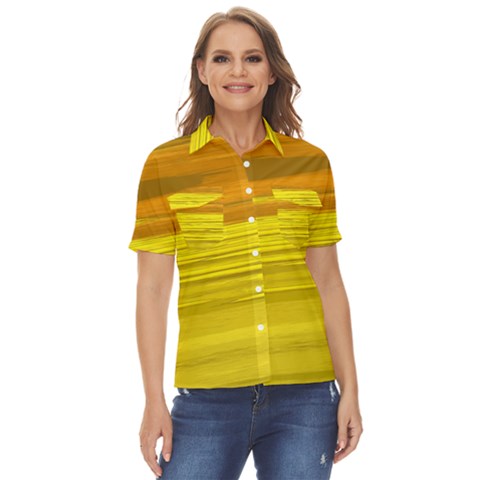 Yellow And Gold Horizontal Stripes - Abstract Art Women s Short Sleeve Double Pocket Shirt by KorokStudios