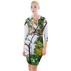 Tree Sunlight Forest Nature Landscape Sunrise Fog Quarter Sleeve Hood Bodycon Dress by danenraven